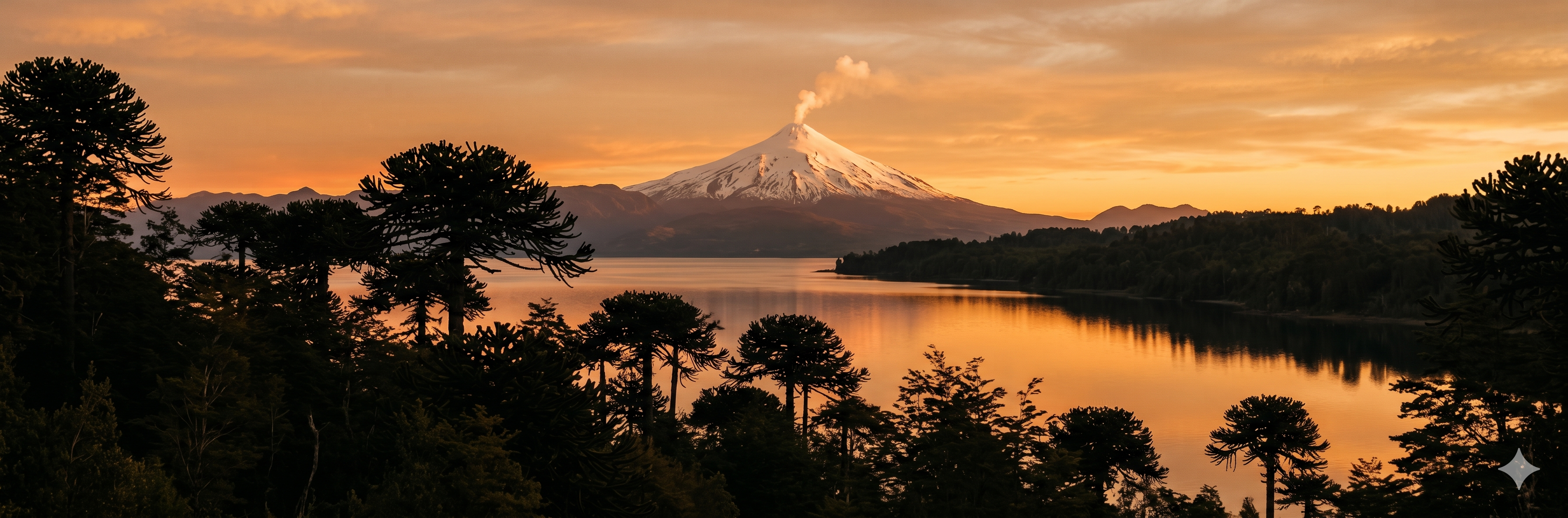 Vista del volcán Villarrica y el lago al atardecer